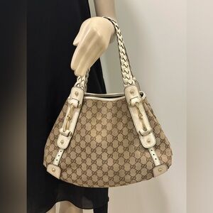 Authentic Gucci GG Canvas Horsebit Shoulder Bag – Beige/Brown